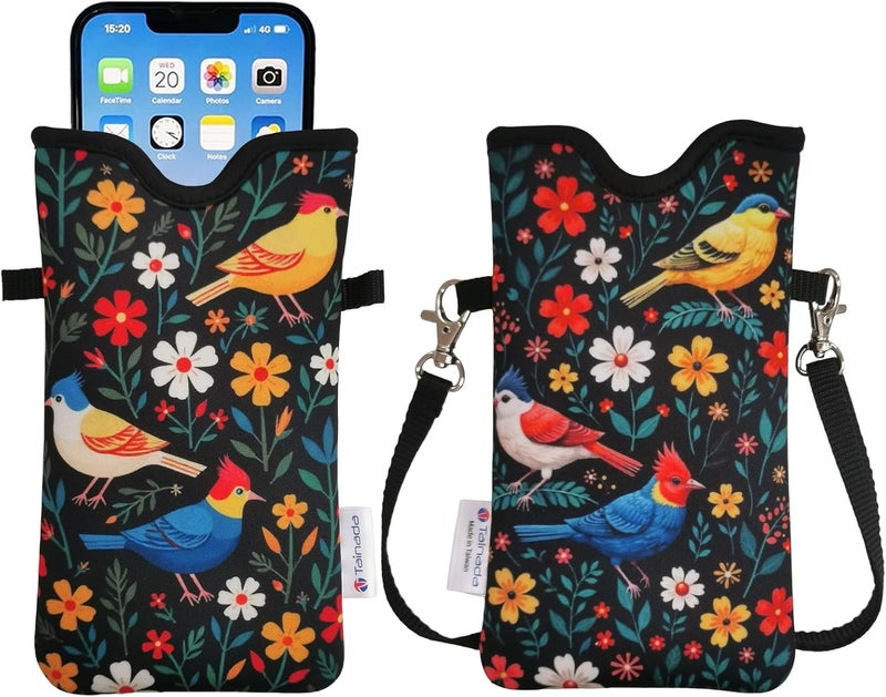 Tainada Men Women Neoprene Phone Sleeve Pouch Case Bag with Crossbody Strap/Neck Lanyard for iPhone 17/16/15 Pro Max, Air, 16/15 Plus, 16e, Samsung S25, A56, Google Pixel 10 (Colorful Flowers Birds) - Image 1